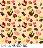 Sweets seamless background of cakes chocolate biscuits macaron donut vector illustration. Стоковая иллюстрация, агентство Ingram Publishing / Фотобанк Лори