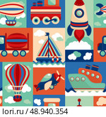 Toy transport cartoon seamless pattern with airplane aerostat sail yacht vector illustration. Стоковая иллюстрация, агентство Ingram Publishing / Фотобанк Лори