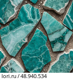 Explore the vivid hues and intricate textures of freshly cut amazonite stones, revealing their striking patterns as they rest on a textured surface under natural light Generative AI. Стоковое AI-изображение, AI-художник Юлия Петровская / Фотобанк Лори