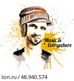 Smiling unshaved male hipster character in visor hat and headphones ink drawn music poster vector illustration. Стоковая иллюстрация, агентство Ingram Publishing / Фотобанк Лори