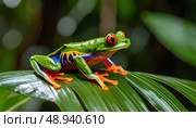 A vibrant red-eyed tree frog resting on a tropical leaf symbolizing biodiversity and environmental awareness in rainforests. Стоковое AI-изображение, AI-художник Ольга Сухарева / Фотобанк Лори