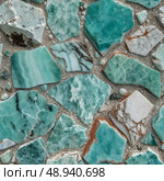 Unearthed from the depths of the earth, the striking amazonite stones showcase a stunning array of turquoise and green tones, revealing intricate patterns under soft illumination Generative AI. Стоковое AI-изображение, AI-художник Юлия Петровская / Фотобанк Лори