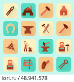 Decorative blacksmith shop anvil fire place molding tools and horseshoe pictograms icons collection flat  isolated vector illustration. Стоковая иллюстрация, агентство Ingram Publishing / Фотобанк Лори