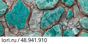 This stunning display captures the intricate patterns and vivid turquoise hues of amazonite mineral stones, revealing their unique textures and natural beauty Generative AI. Стоковое AI-изображение, AI-художник Юлия Петровская / Фотобанк Лори