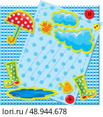 hand made frame in autumn style with rain, clouds, puddle, rubber boots and umbrella - is made of polka dot and checkered fabric. Стоковая иллюстрация, агентство Ingram Publishing / Фотобанк Лори