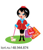 Funny Girl with dog go shopping in sale time. Стоковая иллюстрация, агентство Ingram Publishing / Фотобанк Лори