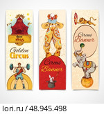 Traveling chapiteau circus advertising fantastic clown performance three vertical vintage banners set isolated doodle sketch vector illustration. Стоковая иллюстрация, агентство Ingram Publishing / Фотобанк Лори