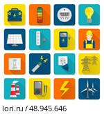 Set of electricity energy accumulator icons in flat style on squares with long shadows vector illustration. Стоковая иллюстрация, агентство Ingram Publishing / Фотобанк Лори