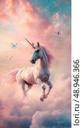 A vibrant unicorn with an opalescent horn prances joyfully across pastel clouds. The dreamy sky in watercolor gradients enhances the whimsical and magical atmosphere. Стоковое AI-изображение, AI-художник Nart / Фотобанк Лори