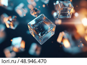 A clean futuristic scene with transparent glass cubes floating against a dark gradient. Their reflections and prismatic sparkles create an elegant touch in modern abstract art. Стоковое AI-изображение, AI-художник Nart / Фотобанк Лори