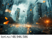 A violent hurricane-force windstorm ravages a modern city. Streetlights bend and trees uproot as debris flies amid the chaos, showcasing nature's destructive power. Стоковое AI-изображение, AI-художник Nart / Фотобанк Лори