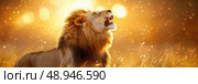 A dominant lion lets out a powerful roar against a stunning sunset backdrop. His breath is visible in the cool air, exuding strength and majesty as the king of the jungle claims his territory. Стоковое AI-изображение, AI-художник Nart / Фотобанк Лори