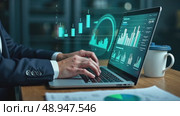 A person in a business suit working on a laptop with virtual icons related to key performance indicators (KPI), displaying business dashboard. Стоковое AI-видео, аниматор Sergey Grishin / Фотобанк Лори