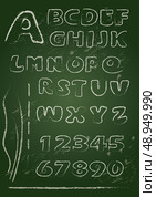 ABC - English alphabet written on a blackboard in white chalk - Handwritten grunge  letters and numerals. Стоковая иллюстрация, агентство Ingram Publishing / Фотобанк Лори