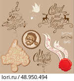 Christmas and New Year vintage decoration collection in beige and brown colors. Set of calligraphic and typographic elements, frames, vintage labels, Santa Claus head, bird and reindeers. Стоковая иллюстрация, агентство Ingram Publishing / Фотобанк Лори