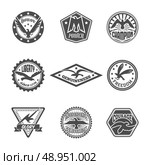 Eagle freedom independence power symbol premium quality labels icons set with displayed wings black  isolated vector illustration. Стоковая иллюстрация, агентство Ingram Publishing / Фотобанк Лори