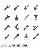 Home repair tools graphic icons set with hammer saw screwdriver spade and drill black vector isolated illustration. Стоковая иллюстрация, агентство Ingram Publishing / Фотобанк Лори
