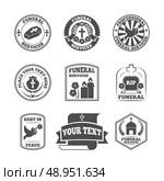 Funeral home undertaking ceremonial service fill in templates labels set with coffin candle pigeon vector isolated illustration. Стоковая иллюстрация, агентство Ingram Publishing / Фотобанк Лори