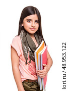 Beautiful little girl holding sketchbooks over white. Стоковое фото, агентство Ingram Publishing / Фотобанк Лори