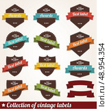 Collection of vintage retro labels, badges, stamps, ribbons, marks and typographic design elements, vector illustration. Стоковая иллюстрация, агентство Ingram Publishing / Фотобанк Лори