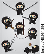 Collection of cute cartoon ninja warriors with various weapon, vector. Стоковая иллюстрация, агентство Ingram Publishing / Фотобанк Лори