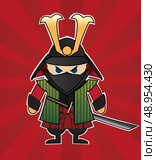amurai cartoon illustration on red sunburst background. Стоковая иллюстрация, агентство Ingram Publishing / Фотобанк Лори