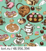 Classical oriental indian tea time ritual ceramic pot teacup saucer cupcakes wrap paper seamless pattern vector illustration. Стоковая иллюстрация, агентство Ingram Publishing / Фотобанк Лори