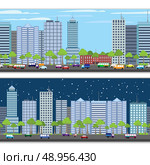 Modern urban building on street cityscape skyline tileable borders set isolated vector illustration. Стоковая иллюстрация, агентство Ingram Publishing / Фотобанк Лори