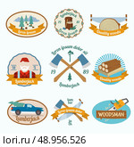 Lumberjack woodcutter colored labels set with wood log saw tree  isolated vector illustration. Стоковая иллюстрация, агентство Ingram Publishing / Фотобанк Лори