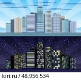 Modern urban building cityscape skyline day and night tileable borders set isolated vector illustration. Стоковая иллюстрация, агентство Ingram Publishing / Фотобанк Лори