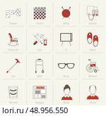 Pensioners life flat line icons set of dominoes checkers knitting isolated vector illustration. Стоковая иллюстрация, агентство Ingram Publishing / Фотобанк Лори