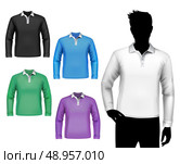 Colored polo long sleeve t-shirts male set with man body silhouette isolated vector illustration. Стоковая иллюстрация, агентство Ingram Publishing / Фотобанк Лори