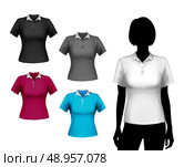Colored polo short sleeve t-shirts female set with woman body silhouette isolated vector illustration. Стоковая иллюстрация, агентство Ingram Publishing / Фотобанк Лори