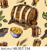 Retro beer barrel and foamy mug with fish chips snacks seamless color pattern sketch vector illustration. Стоковая иллюстрация, агентство Ingram Publishing / Фотобанк Лори