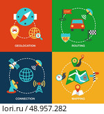 Mobile navigation geolocation routing mapping and connection flat icons set isolated vector illustration. Стоковая иллюстрация, агентство Ingram Publishing / Фотобанк Лори