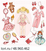 Little girl paper doll album project accessories set print with child character dress pajama sketch vector illustration. Стоковая иллюстрация, агентство Ingram Publishing / Фотобанк Лори
