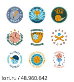 Baseball college champs all stars winners club color labels set with champions trophy abstract  isolated vector illustration. Стоковая иллюстрация, агентство Ingram Publishing / Фотобанк Лори