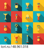 Trophy icons flat set of medallion success award winner medal isolated vector illustration. Стоковая иллюстрация, агентство Ingram Publishing / Фотобанк Лори