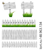 Set of white wooden signs and a fences with grass. Vector . Стоковая иллюстрация, агентство Ingram Publishing / Фотобанк Лори