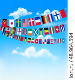 World bunting flags on blue sky. Vector illustration. Стоковая иллюстрация, агентство Ingram Publishing / Фотобанк Лори