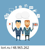 translator says a foreigner  illustration. Flat modern style vector design . Стоковая иллюстрация, агентство Ingram Publishing / Фотобанк Лори