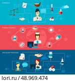 Pharmacist flat banner set with pharmacy business apothecary profession isolated vector illustration. Стоковая иллюстрация, агентство Ingram Publishing / Фотобанк Лори