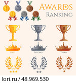 Ranking icons set of different size awards crowns and medals isolated vector illustration. Стоковая иллюстрация, агентство Ingram Publishing / Фотобанк Лори