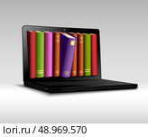Digital library concept with 3d realistic book shelf in notebook vector illustration. Стоковая иллюстрация, агентство Ingram Publishing / Фотобанк Лори