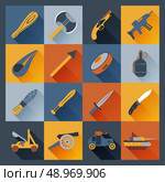 Weapon icons flat set  with axe dagger tank  cannon isolated vector illustration. Стоковая иллюстрация, агентство Ingram Publishing / Фотобанк Лори