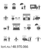 Street fast takeout food ice cream stall icon black set isolated vector illustration. Стоковая иллюстрация, агентство Ingram Publishing / Фотобанк Лори