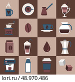 Coffee flat icons set with cup mug hot dring pot turk pouch jar isolated vector illustration. Стоковая иллюстрация, агентство Ingram Publishing / Фотобанк Лори