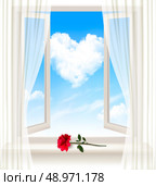 Background with an open window and a red flower. Vector. Стоковая иллюстрация, агентство Ingram Publishing / Фотобанк Лори