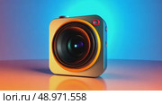 A duotone 3D camera icon with reflective lens, angled for depth, placed on a gradient sunset-colored backdrop. Стоковое AI-видео, аниматор Sergey Grishin / Фотобанк Лори