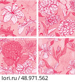 Set of 4 Floral Seamless Patterns in pink colors with handdrawn flowers - tiger lilly, orchid, gardenia and peony. Стоковая иллюстрация, агентство Ingram Publishing / Фотобанк Лори